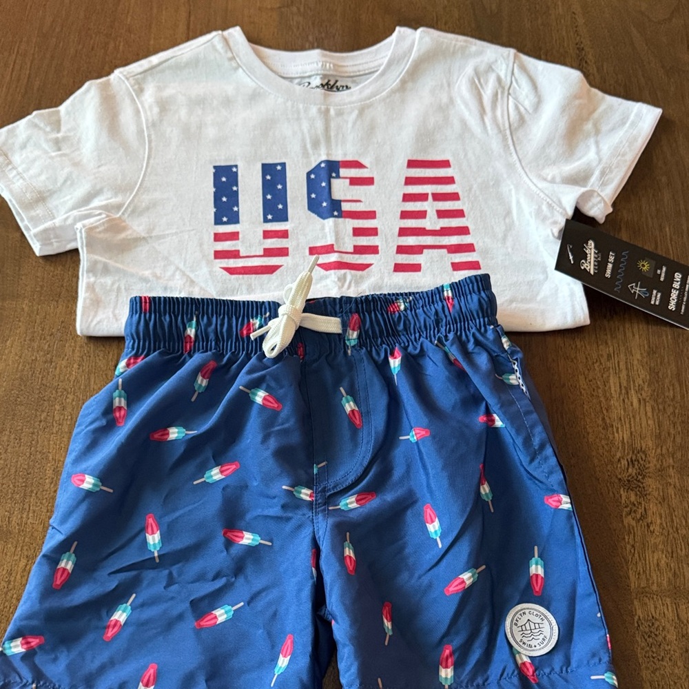 Brooklyn Cloth Kids White USA Tee with Blue Popsicle Swim Trunks